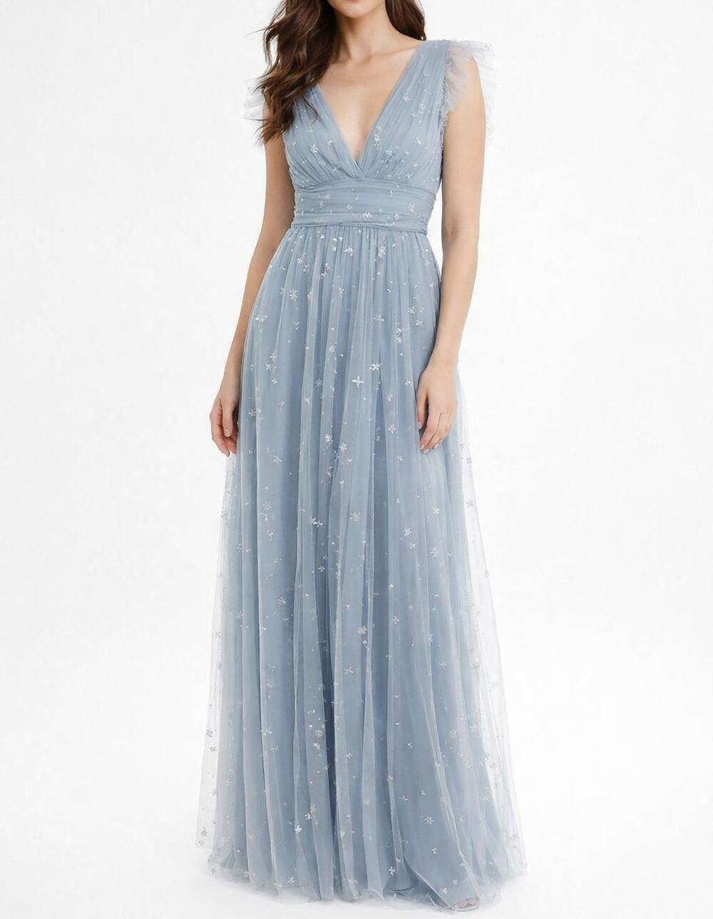 Soieblu Wendy Tulle Maxi Dress Plunge Ruffle Goddess Gown Sparkle Glitter Blue